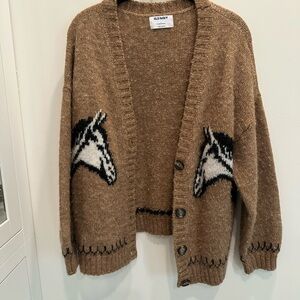 Old Navy Tan Cardigan with Horse Pattern